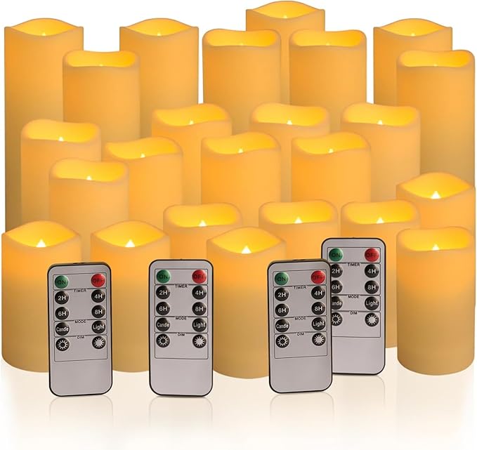 Set of 24 Waterproof Outdoor Flameless Candles, LED Candles with 4 Remote and Timer,(H 4" 5" 6" x D 2.2"),for Christmas,Halloween,Wedding,Festival