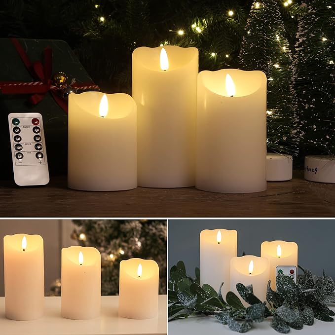 Flameless Candles with Remote, Battery Operated Wax LED Flickering Candles - Set of 3 (White) with Timer for Home Decor, Perfect for Christmas Party White