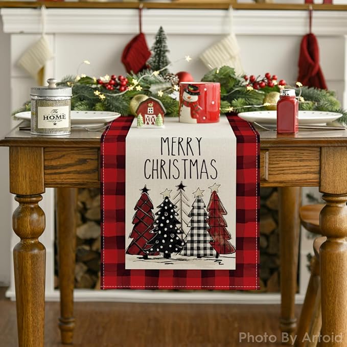 Artoid Mode Red Buffalo Plaid Xmas Trees 2PCS Merry Christmas Table Runner, Seasonal Winter Holiday Table Decoration for Home Party Decor 13 x 72 Inch