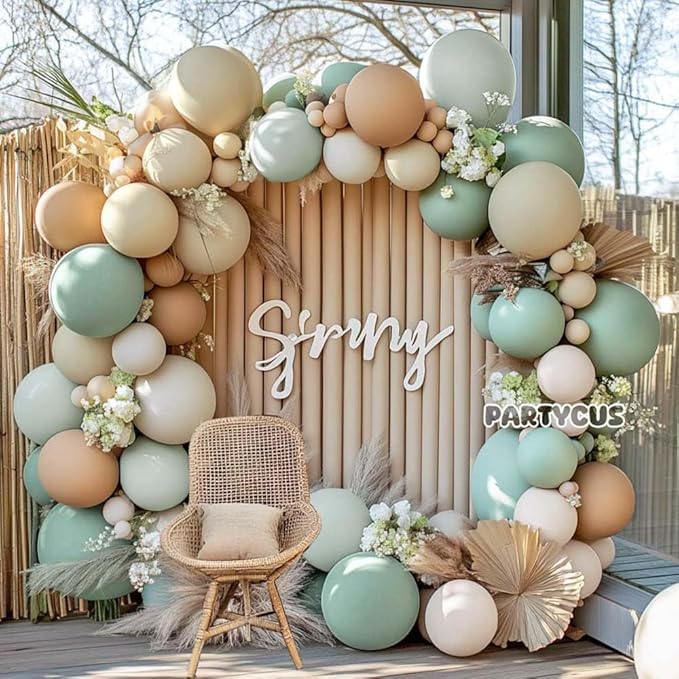 Dusty Green Tan Balloon Arch Kit Double Stuffed, Light Sage Green White Sand Brown Apricot Pastel Neutral Balloon Garland for Boho Baby Shower Birthday Wedding Fall Christmas Party Decoration