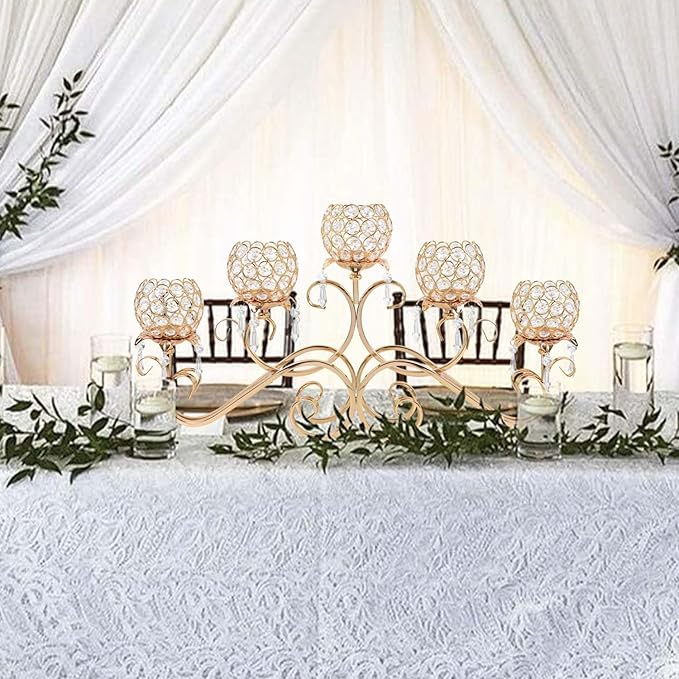 Gold 5 Arms 26.8 Inches Wide Crystal Pendant Bowl Tea Light Candle Holder, Large Bling Centerpiece Table Decorations, Metal Votive Candle Holders for Dining Table (Gold, Bowl-Shaped)