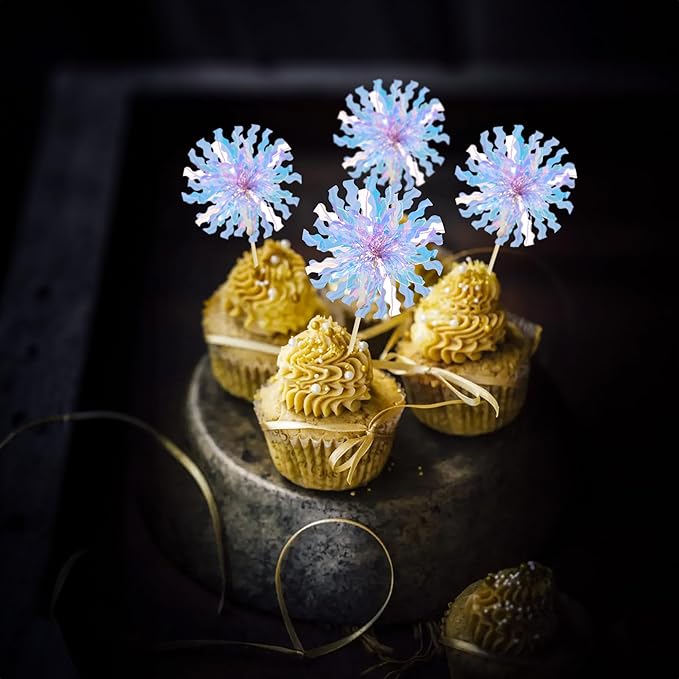 Ephlyn 30Pcs Foil Firework Cupcake Toppers Party Birthday Cake Toppers Supplies Sparkle Tinsel Cocktail Fruit Toothpick for Birthday Wedding Graduation Party Light Blue