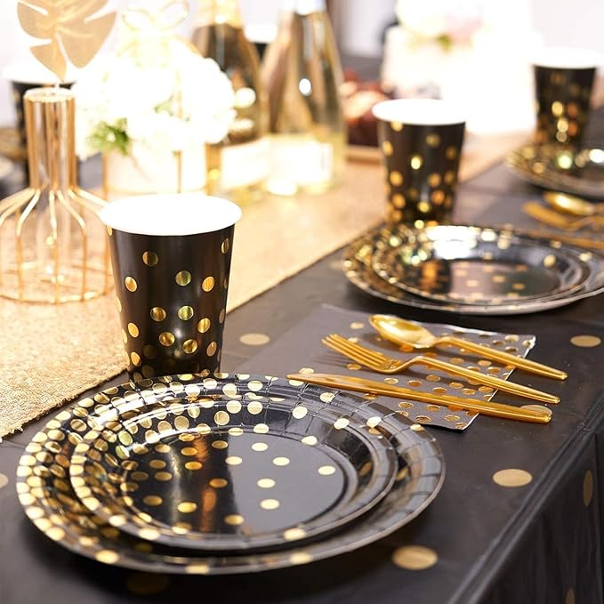 142 piece black and gold party supply set Gold polka dot party tableware including black paper dinner plates napkins paper cups and more. For graduations, birthdays, cocktail parties etc.