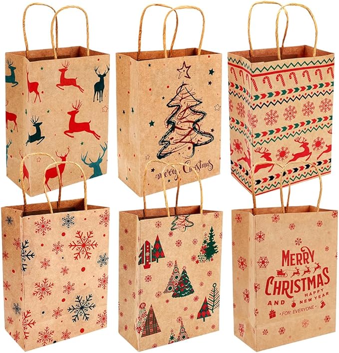 EUBUY 96 Pcs Christmas Kraft Gift Bags Bulk Xmas Holiday Paper Gift Bags, Holiday Paper Goody Treat Candy Bag for Xmas Decor Supplies Classrooms Wedding and Party Favors