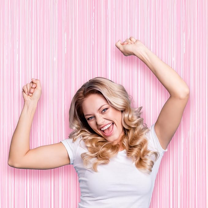 2 Pack Pastel Pink Tinsel Foil Fringe Curtains, Pink Party Decorations, Metallic Tinsel Party Streamers Backdrop for Birthday Baby Shower Graduation Wedding Gender Reveal Party Decorations