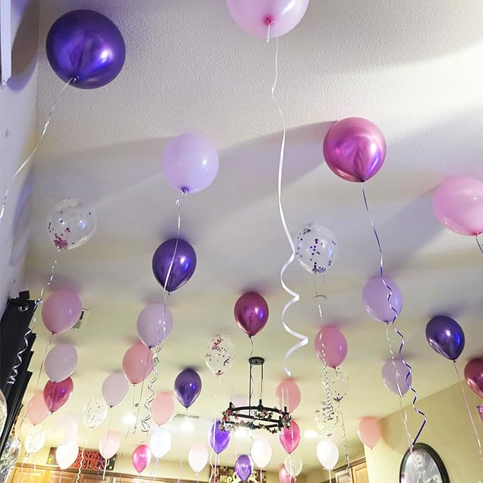Pink and Purple Balloons, 50PCS 12 Inch Confetti Balloons, Metallic Purple Pink Latex Balloons with Ribbon, Party Balloons for Birthday Shower Wedding Party Decorations
