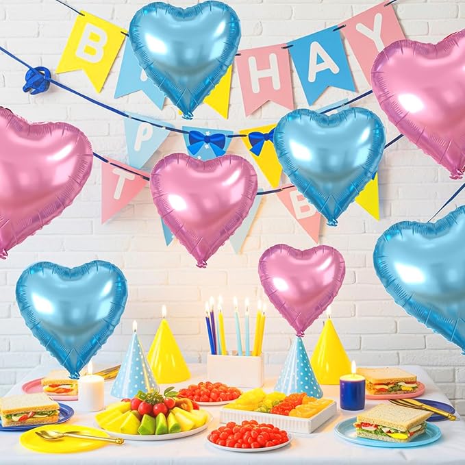 Blue Pink Heart Balloons, Heart Shaped Balloons, 20 Pcs 5/10/18 inch Different Sizes Light Pink Blue Foil Love Balloon for Birthday Gender Reveal Baby Shower Decorations Wedding Engagement