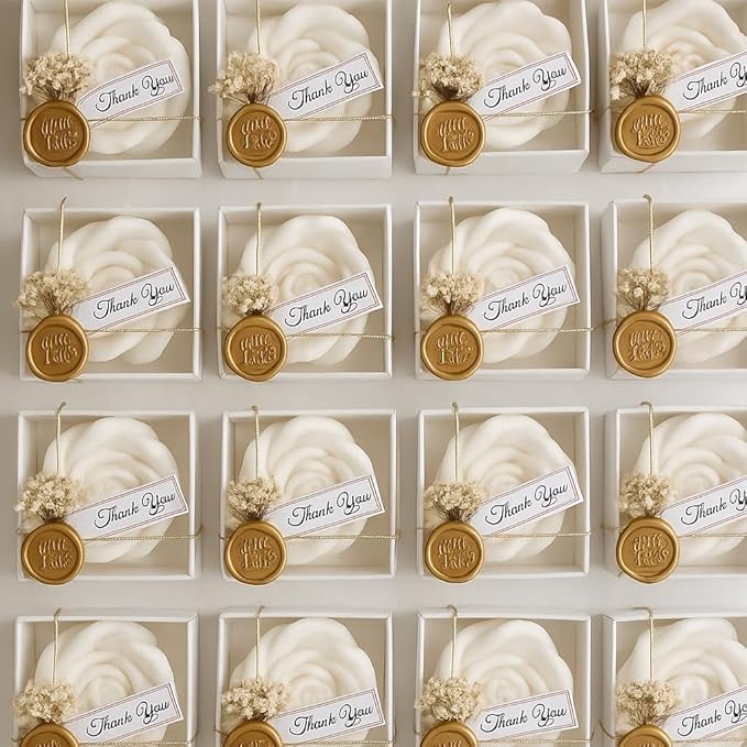 White Rose Petal Soy Wax Candles in Bulk – Rose Candle Wedding Favors for Guests, Personalized Candle Favors for Bridal Shower & Baby Shower Gifts – Dried Flower & Wax Seal Design (30 Pieces)
