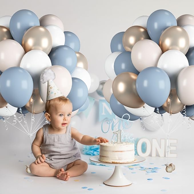 Dusty Blue Beige Balloons, 12 Inch Fog Blue Sand White Balloons with Cream Ivory Metallic Gold Balloon for Baby Shower Boho Bridal Shower Birthday Wedding Engagement Party Decorations Supplies