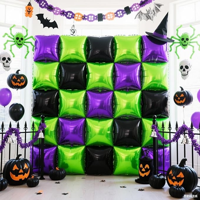 NISOCY 25PCS Green Purple Black Square Foil Balloons Wall Backdrop Metallic Double Sided Light Green Purple Black Balloons Tunnel Arch Kit for Halloween Birthday Graduation New Year Party Decorations