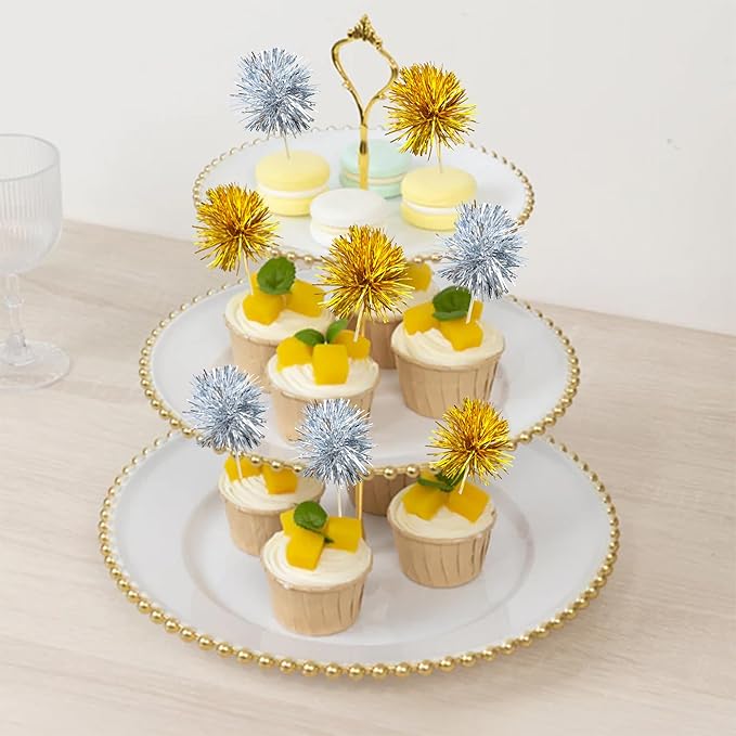 Ephlyn 30Pcs Foil Firework Cupcake Toppers Party Birthday Cake Toppers Supplies Sparkle Tinsel Cocktail Fruit Toothpick for Birthday Wedding Graduation Party Supplies Gold Silver