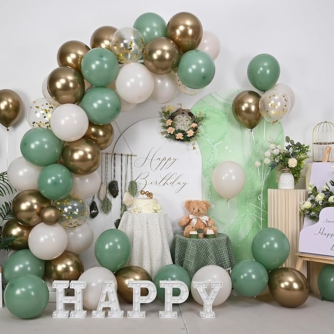 Sage Green Gold Balloons, 60 Pcs 12 Inch Olive Green White Balloons with Metallic Gold Confetti Balloon for Birthday Wedding Baby Shower Bridal Shower Engagement Anniversaries Party Decorations