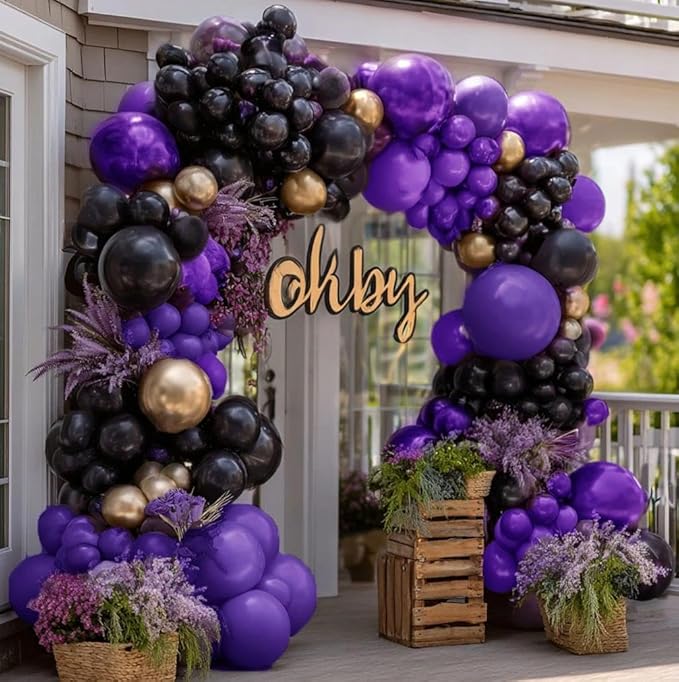 Purple Black Gold Balloon Garland Double Stuffed Dark Purple Black Balloons Metallic Lilac Balloon Arch Kit for Birthday Prom Anniversary Bachelorette Party Decoration
