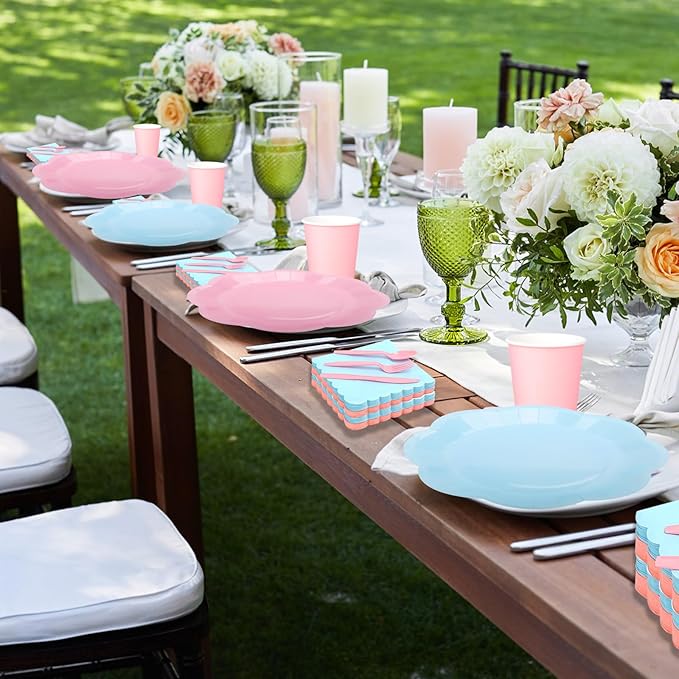416 Pcs Pink And Blue Party Supplies - For 52 Guests Paper Plates And Napkins Knives Spoons Forks Cups - Disposable Big Scalloped Dinner Party Set Cutlery - For Baby Shower Bridal Shower Wedding