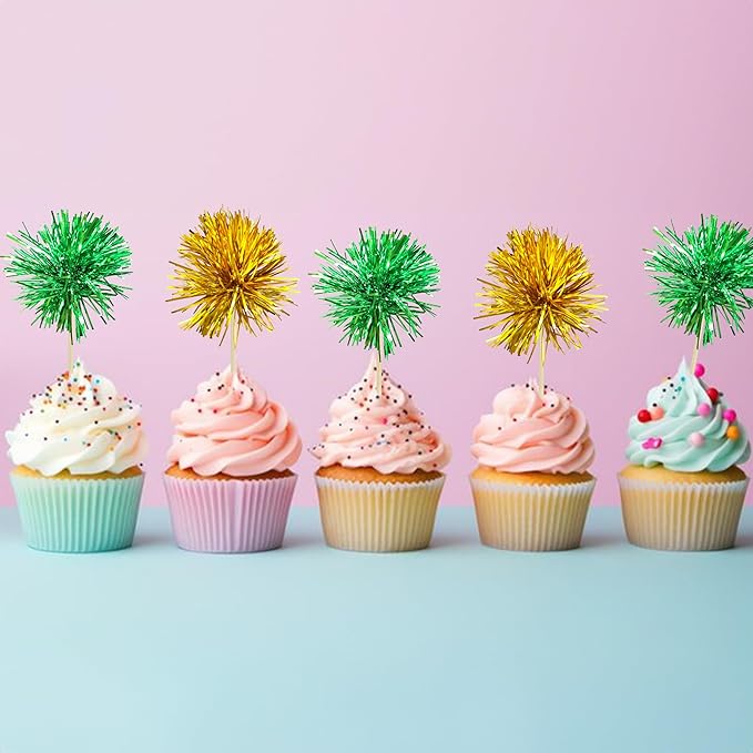 Gyufise 30Pcs Foil Firework Cupcake Toppers Sparkle Tinsel Cake Toppers Tinsel Drink Cake Decoration Cocktail Picks for Birthday Wedding Graduation Party Supplies Gold Green