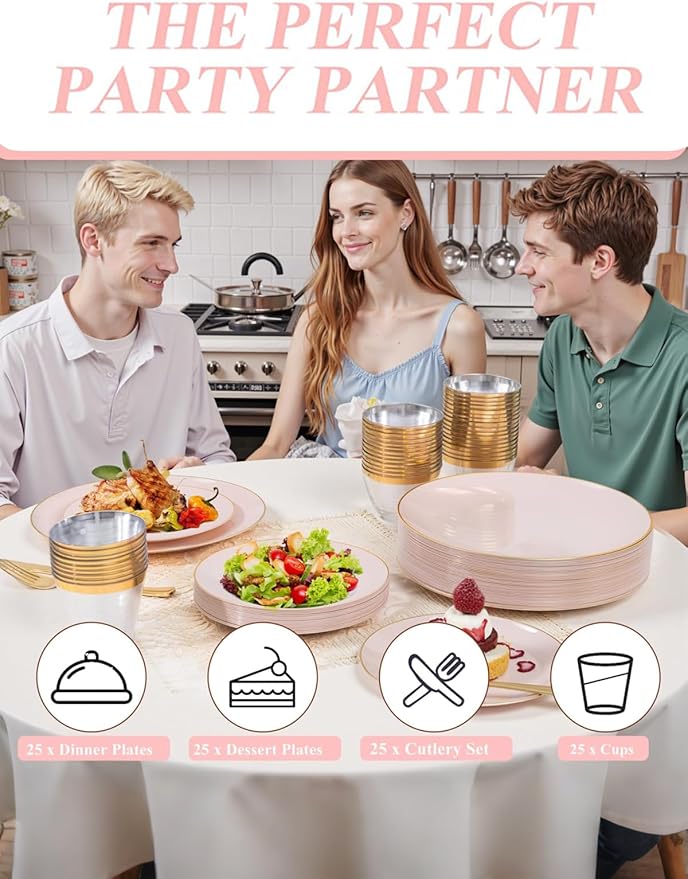 WDF 150Pcs Pink Plates Disposable - Pink and Gold Plastic Plates 25guest Disposable Dinnerware Include 25 Dinner Plate, 25 Dessert Plate, 25 Cutlery & 25 9oz Cups for Wedding & Party