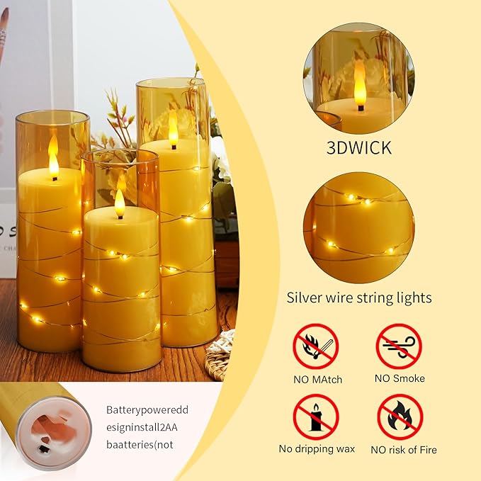 Flameless Candles,with Embedded Star String, Battery Operated Candles Flickering LED Pillar Candles with Remote Control and Timer, Home Decoration Add a Warm and Romantic Atmosphere,Set of 7 (Gold)