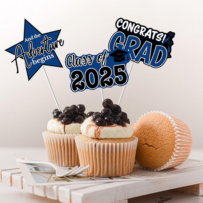 PartyGarden 2025 Graduation Cupcake Toppers - 48 Blue Pcs - 8 Designs - Class of 2025 Graduation Decorations