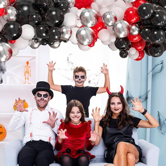Red Black Balloons, 60 Pcs 12 Inch Double Stuffed Red Matte Black White Balloon with Metallic Silver Balloon for Halloween Vampire Prom New Year Race Car Theme Birthday Poker Card Party Decorations