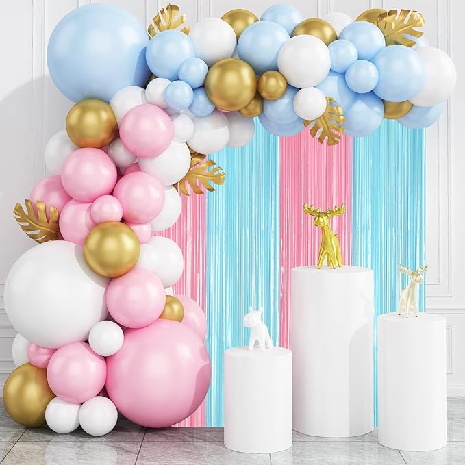 2 Pack Pastel Blue and Pink Foil Fringe Backdrop Curtains, Tinsel Streamers Party Decorations, Fringe Backdrop for Gender Reavel, Baby Shower Party