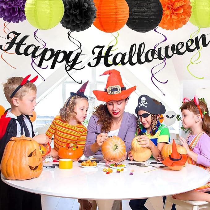 Black-Green Orange-Purple Happy-Halloween Party-Decorations - 21pcs Birthday Banner,Paper Lanterns Honeycomb,Tissue Pom Poms Flower Fan,Kids Classroom Hanging Streamers Garland Decor Supplies Huglony