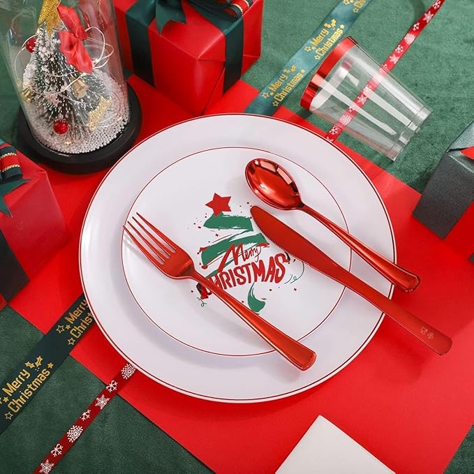 WDF 175pcs Christmas Plates Dinnerware - 25 Guests Unquie Desgin Red Plastic Plates with Green Christmas Tree Pattern, Red Plastic Cutlery, Clear Cups and Napkins