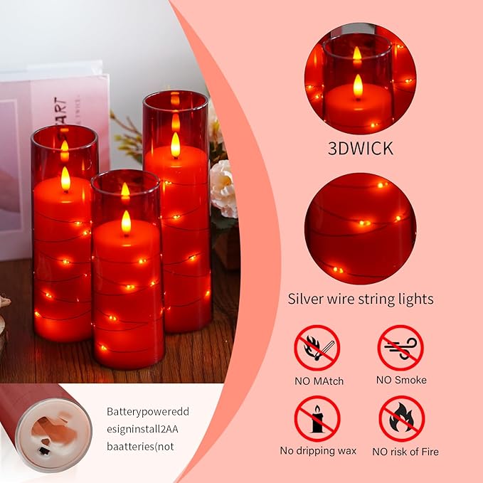 Flameless Candles,with Embedded Star String, Battery Operated Candles Flickering LED Pillar Candles with Remote Control and Timer, Home Decoration Add a Warm and Romantic Atmosphere,Set of 7 (Red)