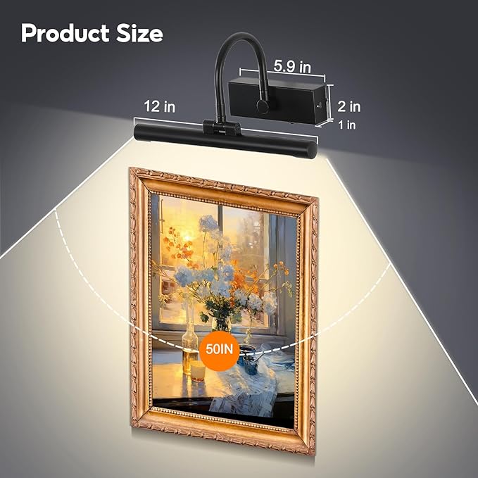 12" Picture Lights for Wall Battery Operated with Remote and Timer, Wireless Art Lights for Paintings, Rechargeable Wall Sconce, Dimmable Lighting for Canvas, Gallery Artwork, Portraits, Black