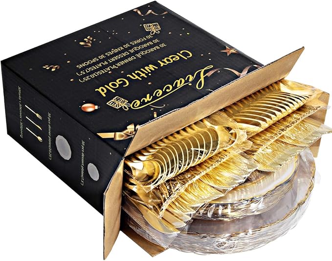 Liacere 150PCS Clear Gold Plastic Plates - Disposable Plastic Silverware with Glitter Bamboo Handle Cutlery-Baroque Clear Gold Disposable Plates for Wedding & Party & Thanksgiving &Fall Decor