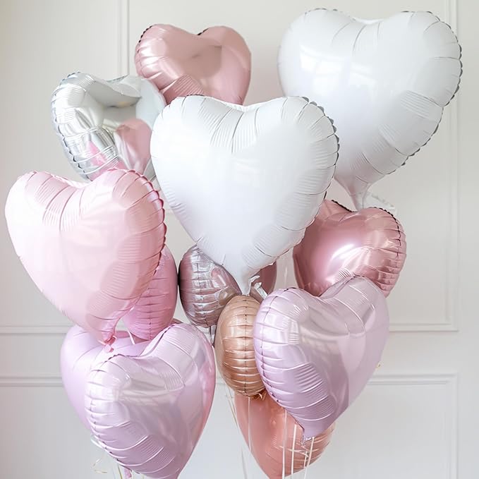 Pink White Heart Balloons, 18 Inch Pink and Cream White Heart Shape Balloons, 12PCS White Sand Helium Foil Balloon for Birthday Baby Shower Bridal Engagement Wedding Party Decorations