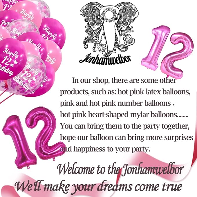 Jonhamwelbor 12th Birthday Latex Balloons Confetti Balloon Pink and Hot Pink Sweet 12th Party Decorations 30 Pack 12 Inch Helium Printed 12 Number With Happy Birthday Balloon for Girl