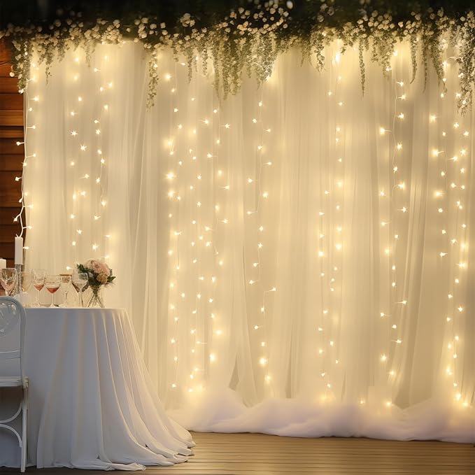 30ft x 10ft Ivory Backdrop Curtain with Lights String for Parties, Sheer Tulle Wedding Photo Backdrops Drapes for Baby Shower Birthday Party Decorations Background for Photography