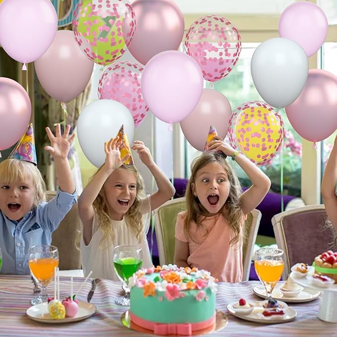 Biapian Pink & White Metallic Chrome Confetti Latex Balloons - 12 Inch Ribbon Party Balloons Set for Girls' Birthday Princess Parties