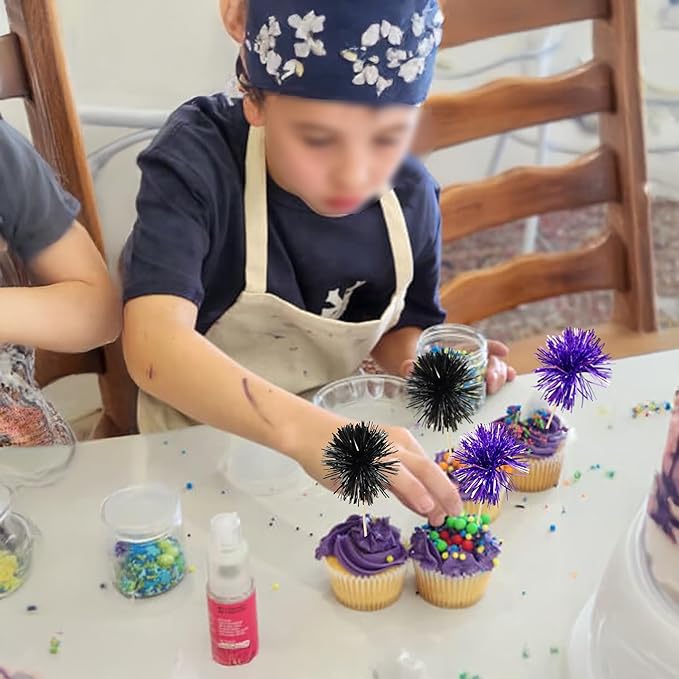 Ephlyn 30Pcs Foil Firework Cupcake Toppers Sparkle Tinsel Cupcake Picks Happy Birthday Cake Decorations Drink Stirrers Cocktail Food Toothpicks for Baby Shower Graduation Party Supplies Black Purple