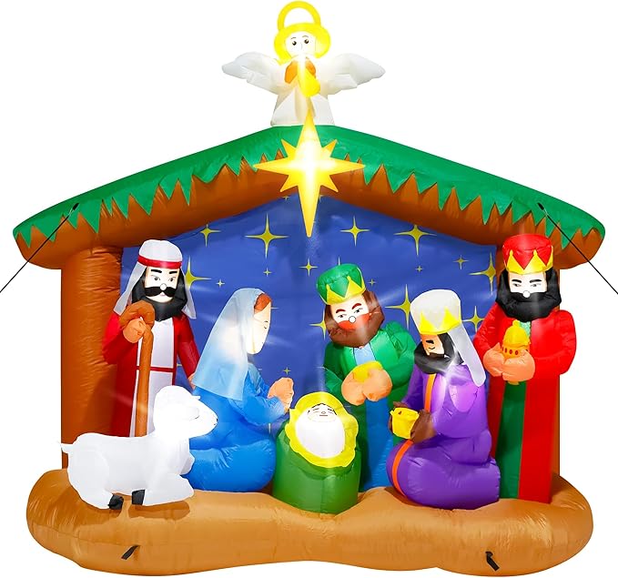8FT Christmas Inflatables Nativity Scene, Blow Up Christmas Nativity Scene, LED Lighted The Birth of Jesus Scene Inflatables Decor, Christmas Outdoor Inflatable Decor for Xmas Yard Lawn Patio