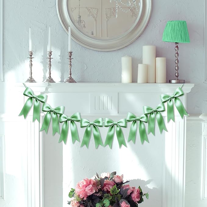 1 String of 8PCS Sage Green Bow Garland Banner Decoration,Pre-Strung Satin Ribbon Ornaments for Birthday,Bachelorette Party,Bridal Shower,Wedding,Engagement,Baby Shower,Graduation Decor,Anniversary