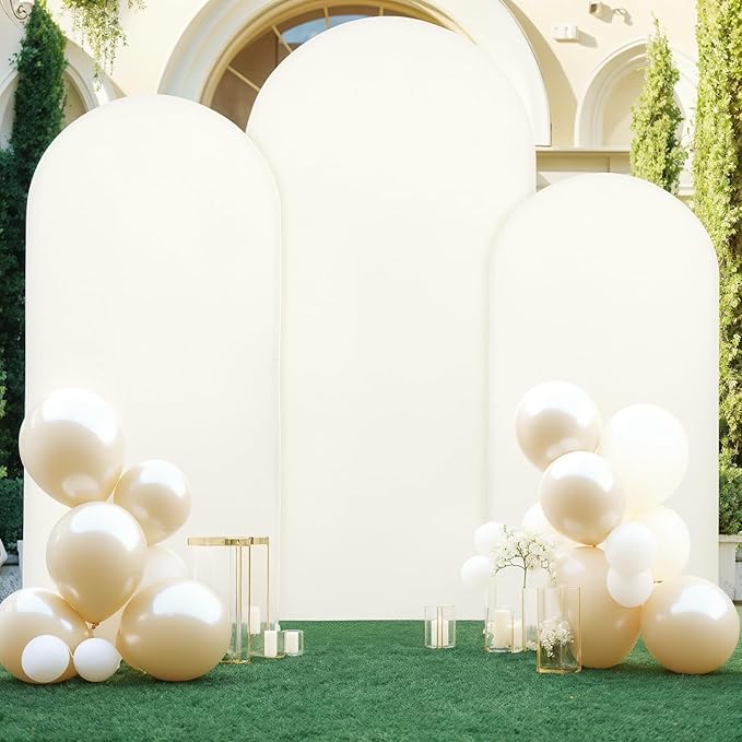 (7.2FT, 6.6FT, 6FT) Wedding Arch Cover Set of 3 Beige Spandex Fitted Arch Cover for Round Top Chiara Backdrop Stand Covers for Birthday Party Banquet Photo Background Decoration
