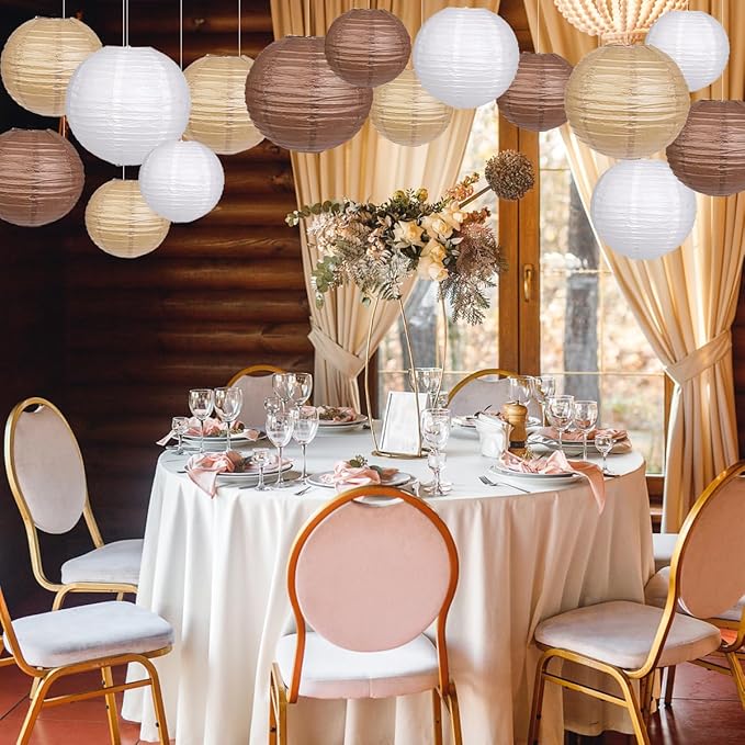 Paper Lanterns Decorative, Round Hanging Paper Lanterns Decorations for Rustic Party Wedding Natural Baby Shower Boho Brown Birthday Party Supplies Brown/White/Tan 15pcs