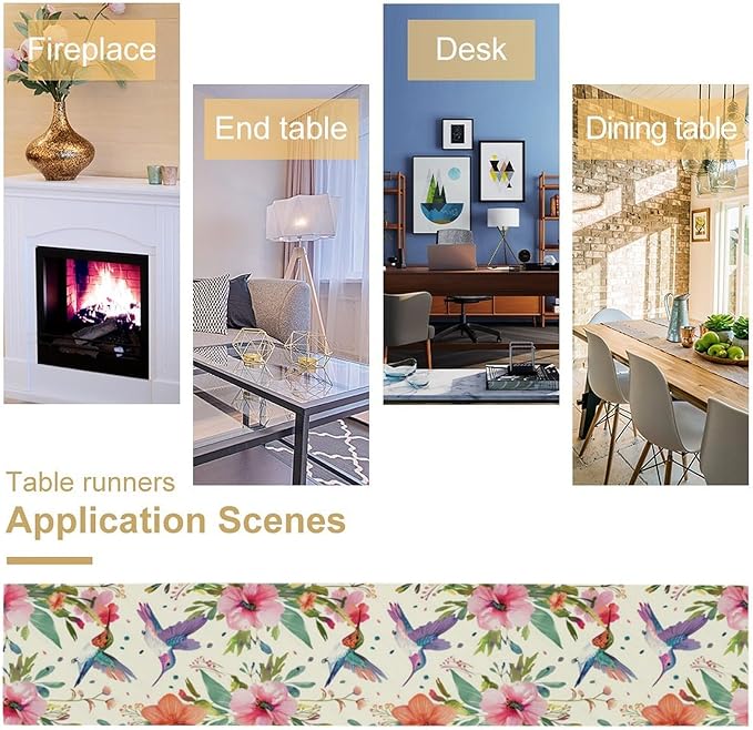 Flowers Birds Spring Table Runner, Colorful Birds Branches Blue Floral Seasonal Kitchen Dining Table Decoration for Home Party Decor 13x90 in