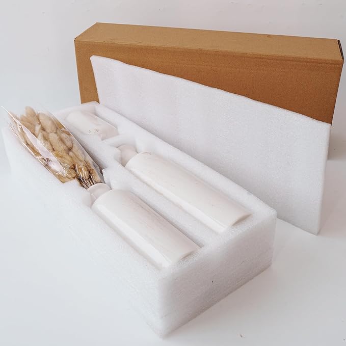 Pampas Grass with Vase Set – 3 Beige White Ceramic Vases with Natural Dried Pampas, Bunny Tails & More – Neutral Farmhouse Decor for Fireplace, Home, Mantel, Entryway, Kitchen & Boho Table Centerpiece