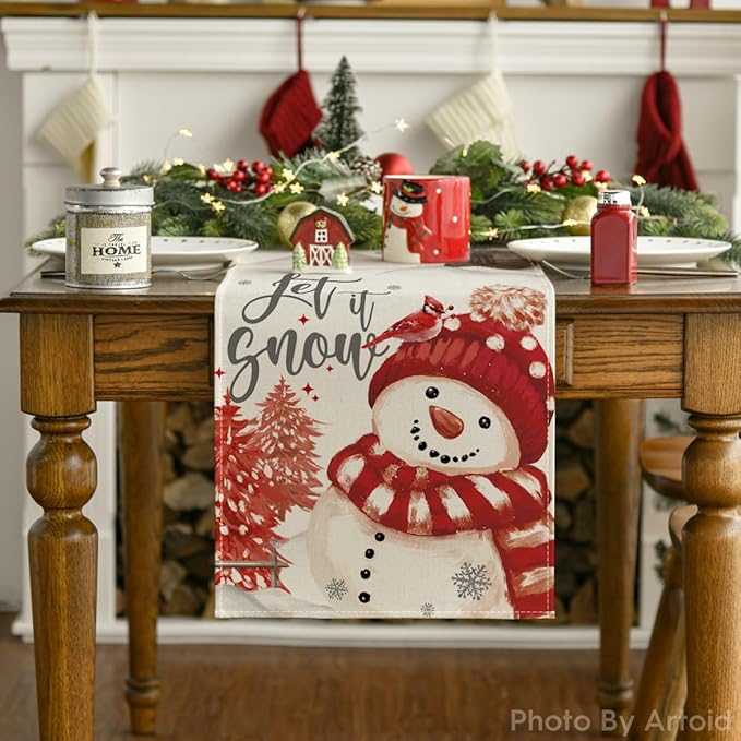 Artoid Mode Xmas Trees Let It Snow Red Snowman Christmas Table Runner, Seasonal Winter Holiday Kitchen Dining Table Decoration for Home Party Decor 13x90 Inch