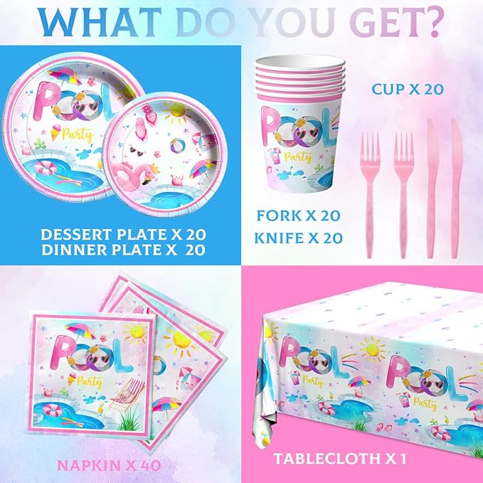 Pool Party Supplies,141pcs Pink Pool Birthday Tableware Decorations Pool Party Plates Cups Summer Theme Napkins Beach Ball Tablecloth for Hawaii Party Decoration