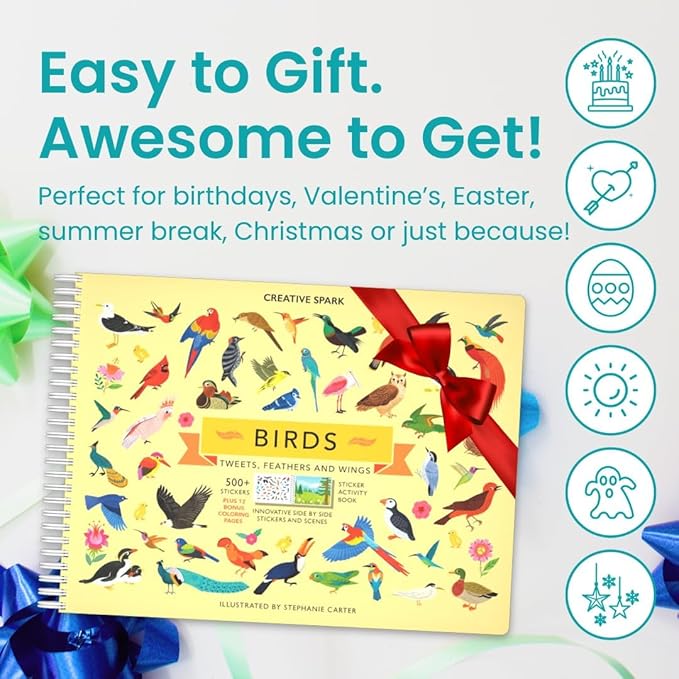 Cupkin Bird Sticker Book Activity for Kids, Toddler Airplane Travel Essentials, 500+ Parrot Stickers + 12 Scenes + 12 Coloring Book Pages, Bird Lover Kids Gift, Kid Crafts for Ages 2-8