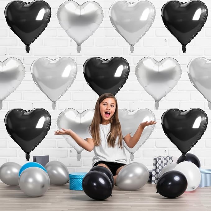 Black Silver Heart Balloons, 10 Pcs 18 Inch Metallic Silver Black Heart Shaped Balloon Foil Balloons Helium for Boys Men Brithday Bridal Baby Shower Valentines Day Halloween Party Decorations