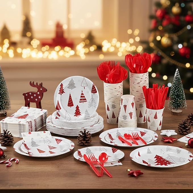 Pickmesh 400 Pcs Christmas Party Supplies Red Silver Xmas Tree Snowflake Disposable Paper Plates Napkins Cups Cutlery for Winter Xmas Christmas Birthday Party Table Decorations Serve 50