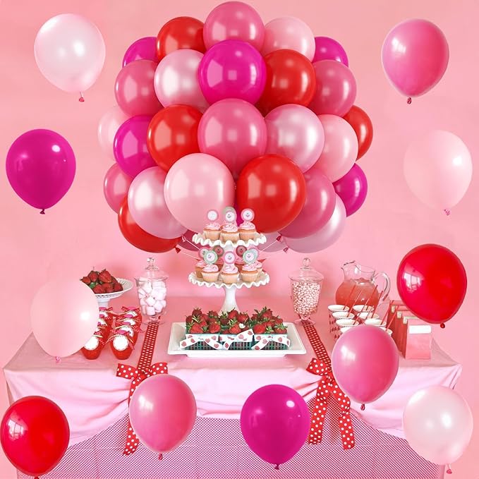 Red Pink Balloons 60 Pcs 12 Inch Fuchsia Hot Pink Rose Red Balloon Neon Pink Magenta Strawberry Berry Helium Balloons for Girls Princess Wedding Valentine Baby Shower Birthday Party Decorations