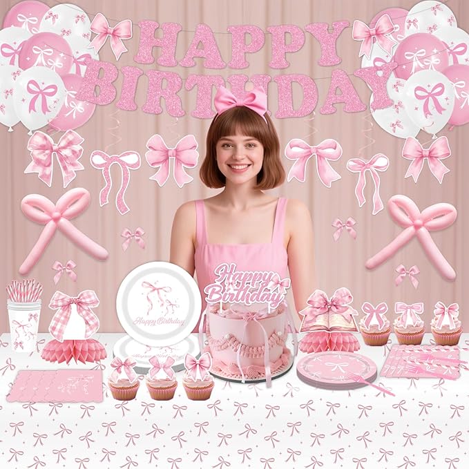 190PCS Pink Bow Party Supplies Birthday Decorations Coquette Disposable Plates Napkins Set, Banner, Hanging Swirls, Tablecloth, Cake Topper, Balloon, Honeycomb Centerpieces Table Decorations