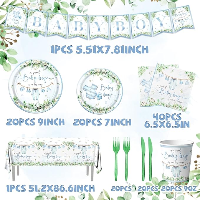 Greenery Baby Shower Tableware Set, Watercolor Blue Boy Plates, Napkins, Cups, Tablecloth for Boy Baby Shower Gender Reveal Supplies