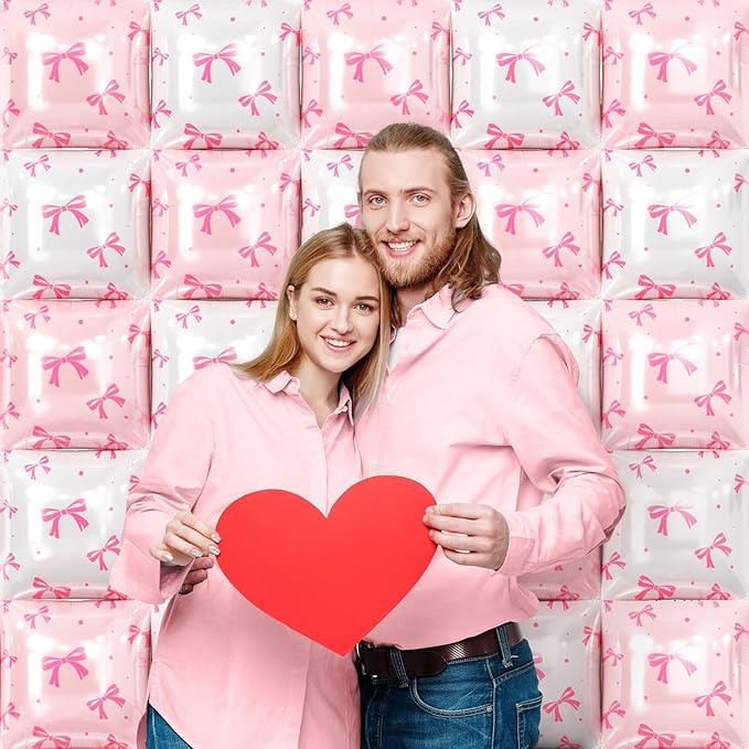NISOCY 25PCS White Pink Bow Square Foil Balloons Wall Backdrop Double Sided White Coquette Pink Bow Balloons Tunnel for Birthday Wedding Valentines Bachelorette Bridal Baby Shower Party Decorations