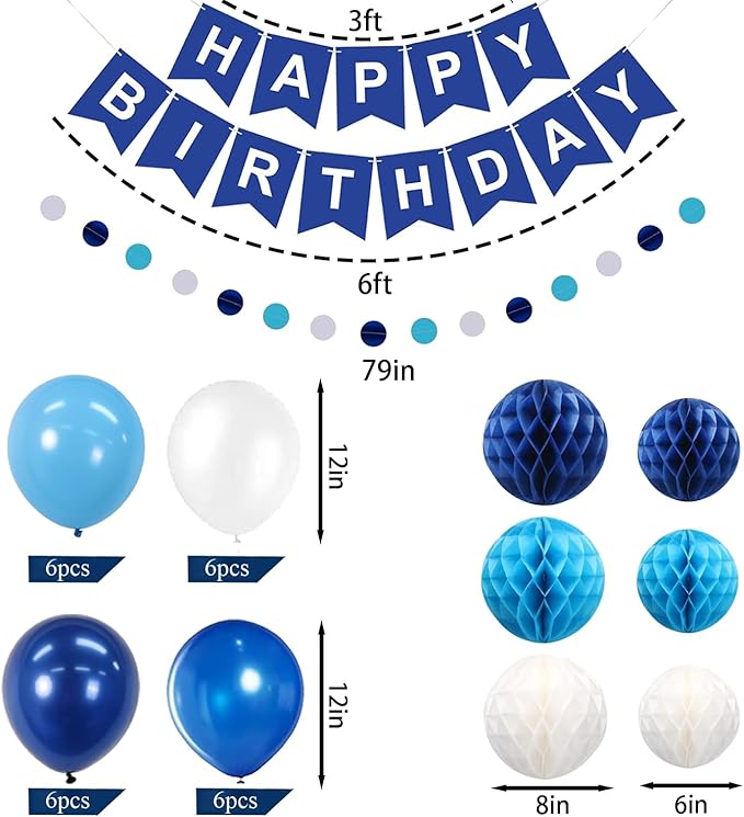 Blue Happy Birthday Decorations, 41 Pack Happy Birthday Banner, Balloons, Backdrop, Hanging Swirl, Honeycomb Ball and Circle Dot Garland Supplies for Birthday Party